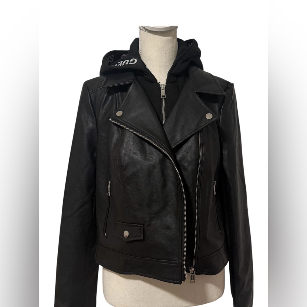 Guess Black Faux Leather Moto Jacket w/ Fleece Hoodie Small, Super Cute! - Picture 3 of 8